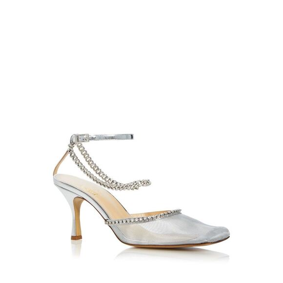 NALEBE Shoes - NALEBE Womens Silver Chain Crystal Mesh Stellar Square Toe Stiletto Pumps 39.5